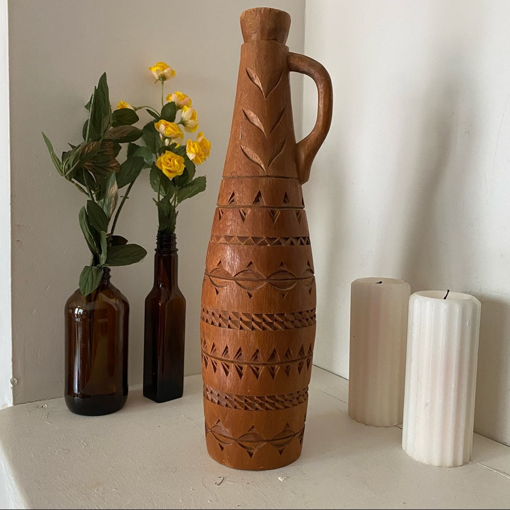 Vintage wood carved tall vase